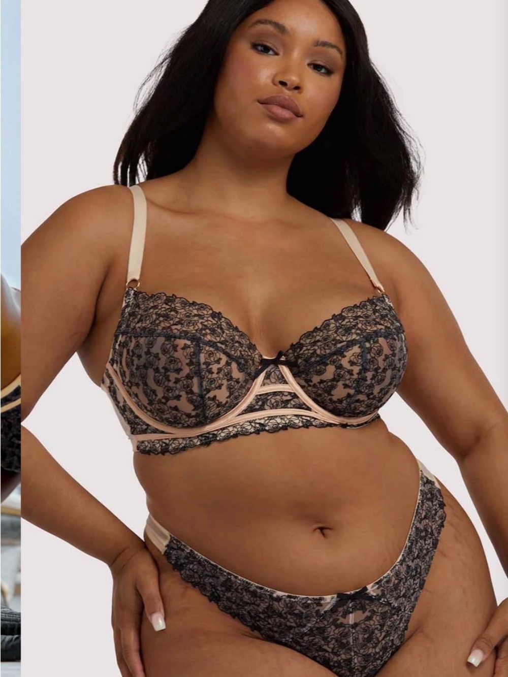 NWT 42c Lace Underwire Balconette Bra and Brief Set — Blush with Black Laces